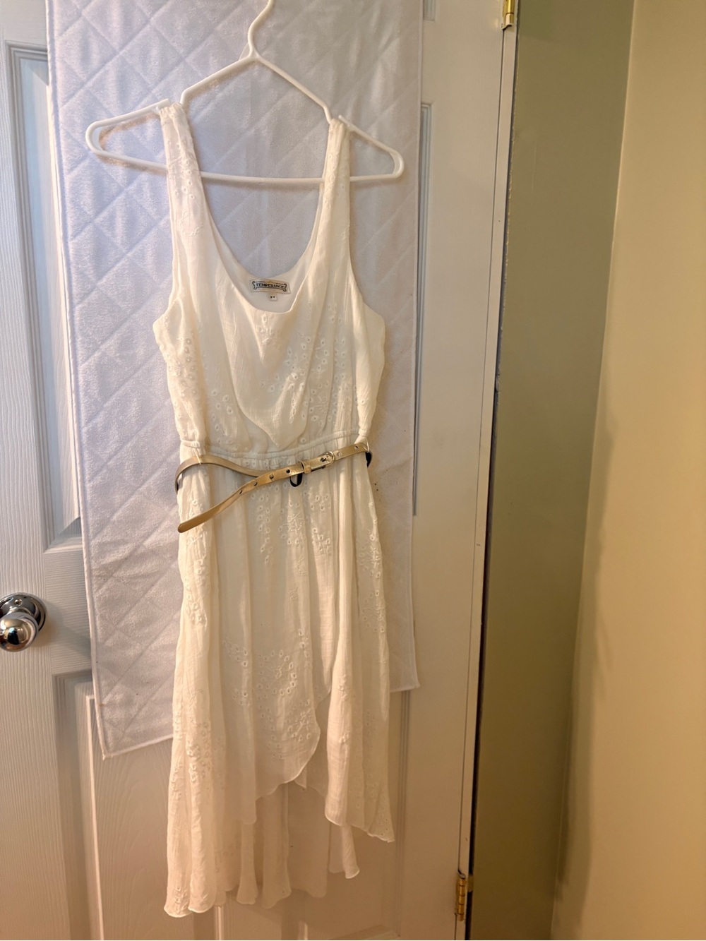 White Sleeveless Eyelet Midi High/Low Dress with Belt